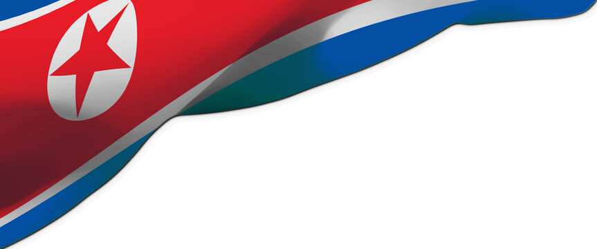 Waving North Korea flag banner with copy space on white background