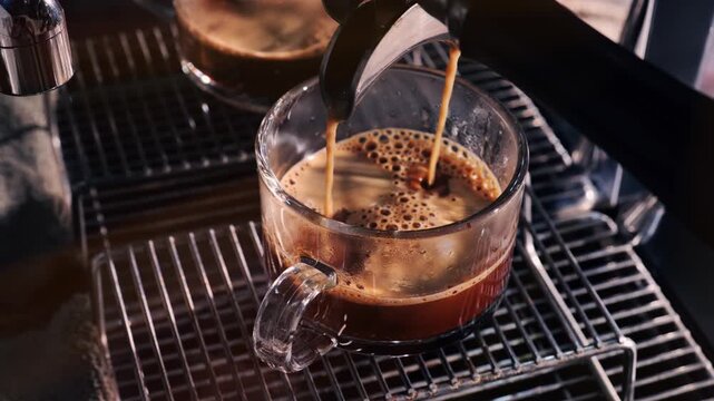 Espresso Coffee Extraction Pouring into Glass Cup