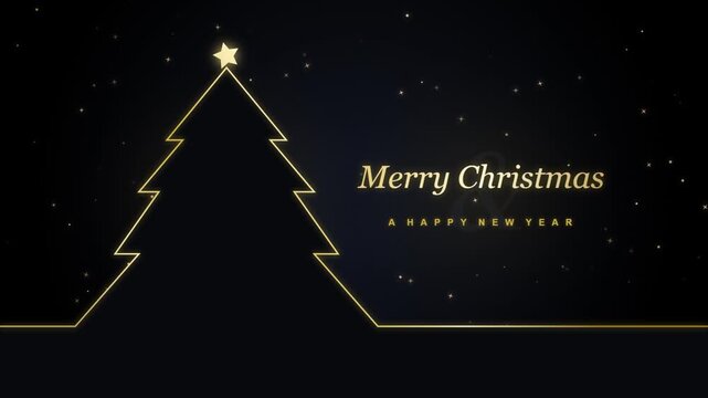 Continuous Line Art Christmas Tree with Glowing Gold Neon Light and Particles Background for Merry Christmas and Happy New Year Video