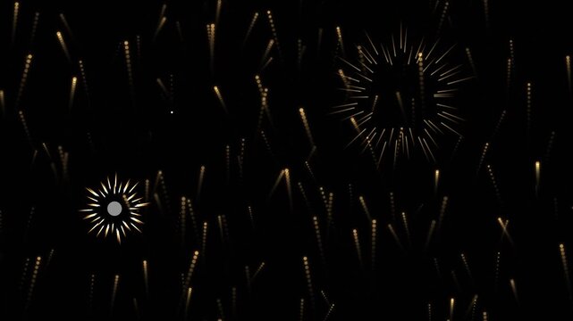 Golden fireworks animation sparkling burst effect over black background for celebration event