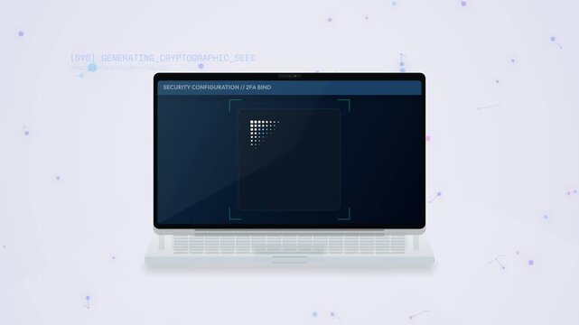 Animation of a two factor authentication setup showing a smartphone scanning a QR code on a laptop screen to bind an authenticator app and generate a time based one time password for cybersecurity
