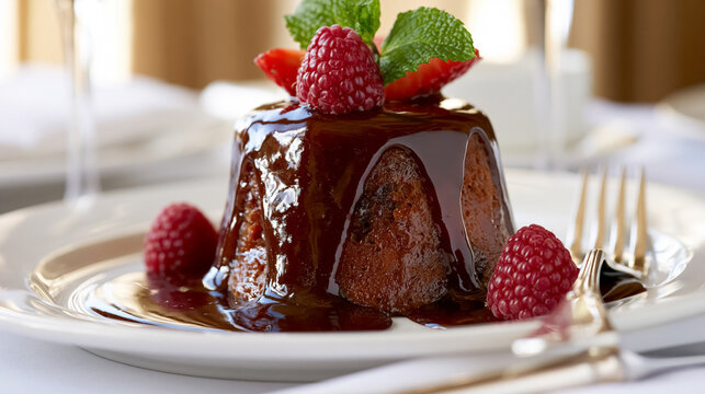 Decadent chocolate lava cake with rich chocolate sauce dripping over, garnished with fresh raspberries and mint