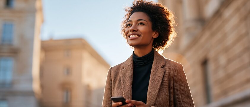 Aspirational urban lifestyle joyful young Black woman holding phone looks upward with radiant smile, bathed in golden hour light against classic city architecture. Perfect for travel, tech.