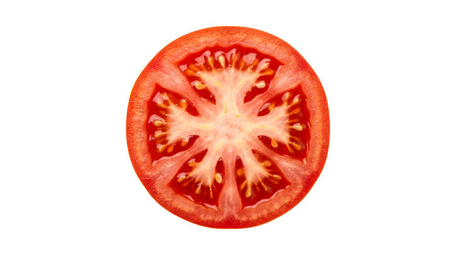A single perfectly round horizontal cross-section slice of a fresh ripe red tomato showing internal seed chambers, juicy pulp, and white core tissue isolated on a clean transparent background
