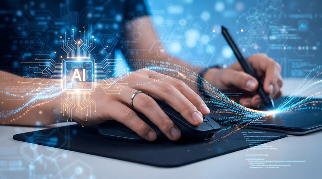Hands of creative professional using graphic tablet and computer mouse with futuristic AI chip overlay glowing circuit lines and neural data network graphics for digital design concepts