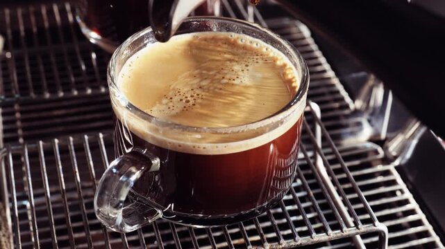 Close-up of freshly brewed coffee with Espresso crema in a glass cup resting on an espresso machine tray.