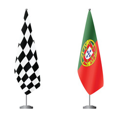 Fototapeta premium Checkered and Portugal flags on flagpoles for official ceremonies and meetings, transparent background vector