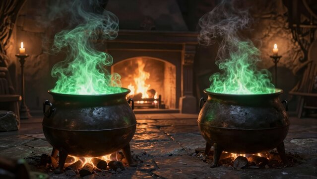 Two bubbling magic cauldrons emit green smoke beside a roaring fireplace in a mystical stone room lit by candlelight.