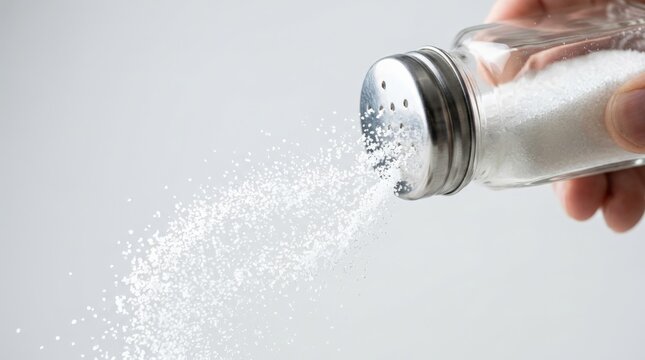 A close up view shows someone shaking a glass container filled with white salt while granules fall down creating a fine powder trail against a clean white background