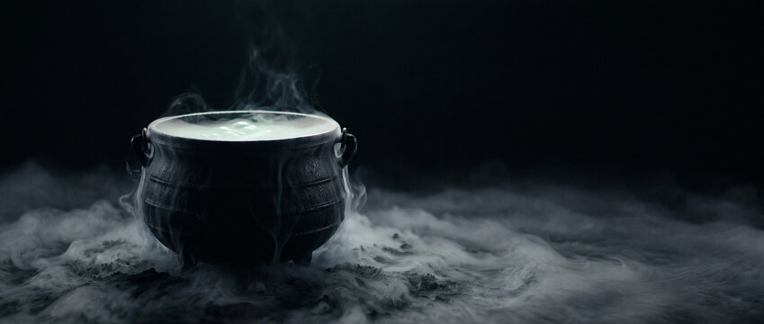 Steaming witch cauldron isolated on a black background, creating a dark magical Halloween scene with mysterious vapor, witchcraft and spooky potion atmosphere.