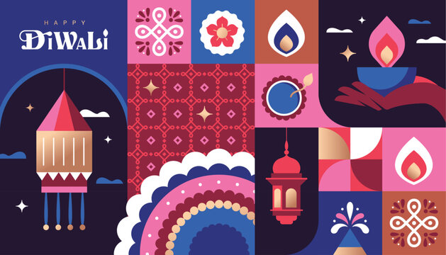 Happy Diwali festival greeting card, poster, cover, banner, vector illustration with lantern, diya oil lamp and Indian pattern in geometric flat modern style.