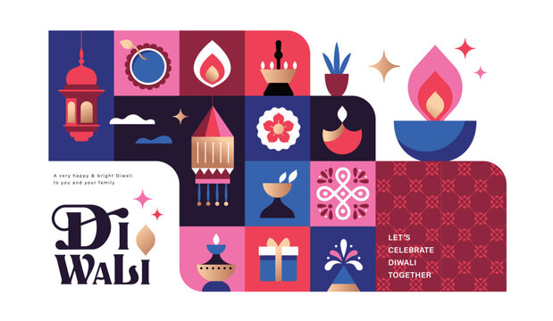 Happy Diwali festival greeting card, poster, cover, banner, vector illustration with lantern, diya oil lamp and Indian pattern in geometric flat modern style.