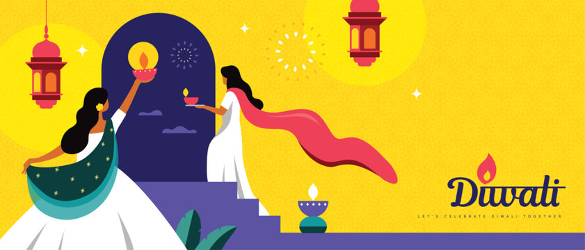 Happy Diwali banner, greeting card, poster, flyer, cover, vector illustration with  Indian women holding diya celebrating Diwali festival.