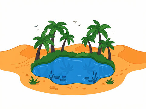 A vibrant cartoon oasis featuring a blue pond surrounded by palm trees and desert sand.