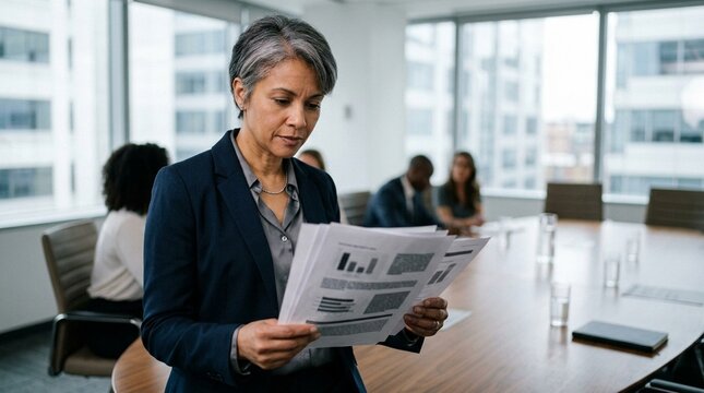 CFO Reviewing Printed Handout Before Distributing to Team, Meeting Preparation and Documentation