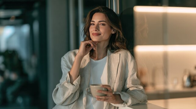 A moment of quiet reflection: A woman enjoys a warm beverage in a cozy, well-lit space, her expression serene as she looks into the distance, perhaps contemplating her day.