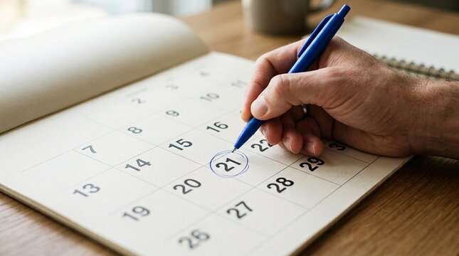 Close-Up of Hand Circling Due Date on Printed Calendar, Deadline Planning and Scheduling