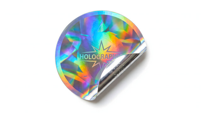 Circular holographic sticker mockup with starburst emblem and holographic text featuring colorful rainbow prism diffraction and curled silver corner isolated on clean white background