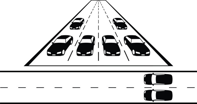 Perspective road lane architecture showing traffic flow control bottleneck system black silhouette icons vector illustration diagram