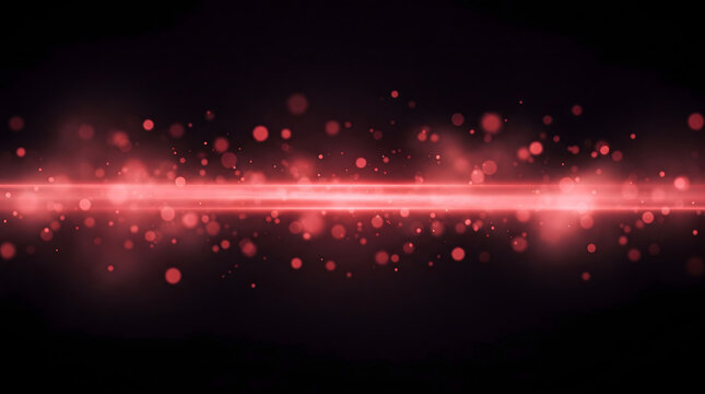 Horizontal glowing red laser beam flare with sparkling bokeh light particles and luminous optical streaks across dark black background for cinematic sci fi digital overlay background