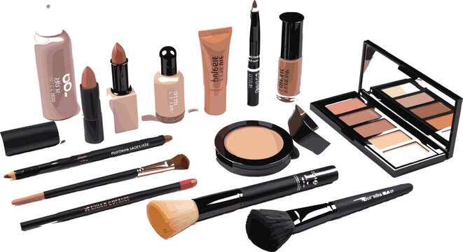 Luxury cosmetic makeup product collection featuring liquid foundation eyeshadow palette powder brush and lipstick set realistic vector
