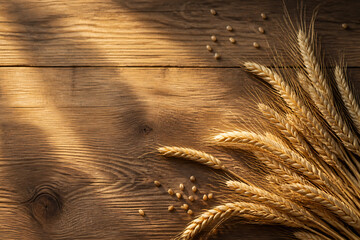 Obraz premium A close-up of golden wheat stalks resting on a rustic wooden surface with sunlight casting shadows.