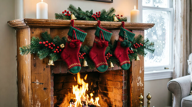 Rustic Christmas Fireplace Mantel with Red Stockings, Pine Garland, Candles and Warm Fire, Snowy Window Background, Holiday Atmosphere