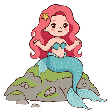 The little red-haired mermaid sat on a rock.