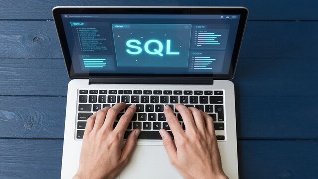 Person actively coding in SQL environment to manage and analyze digital data using a modern laptop.