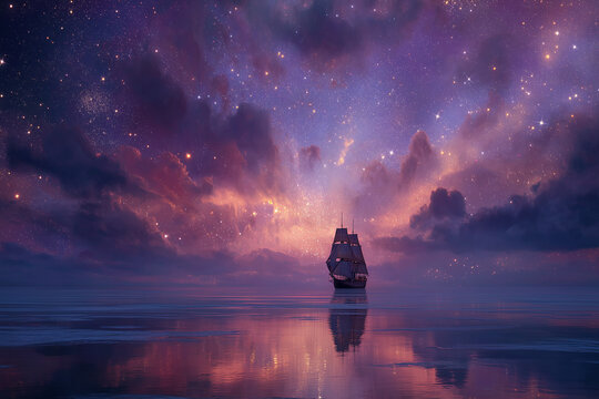 Sailing ship on calm ocean under purple magical starry night sky
