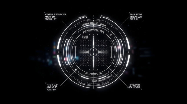 Sci fi futuristic circular hud target crosshair display with telemetry sensor data tracking coordinates and weapon status metrics isolated on dark background for game interface design