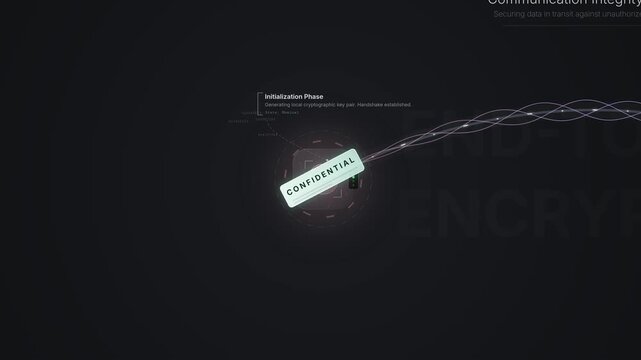 End-to-end encryption animation showing secure communication protocol with zero-knowledge tunnel protecting confidential data transmission and decryption