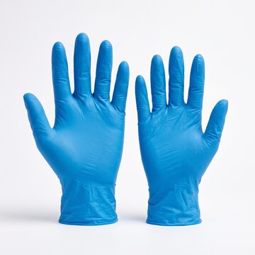 Pair of blue protective medical nitrile gloves standing erect for healthcare hygiene safety or industrial protection isolated on white background