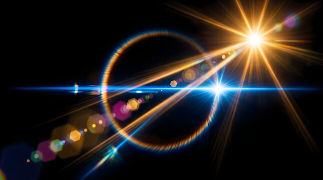 Cinematic optical lens flare effect with bright golden sun starburst glowing circular halo ring blue anamorphic horizontal streak and colorful chromatic polygon artifacts on dark background