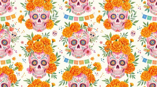 Sugar skull seamless pattern features vibrant marigolds and festive colors.
