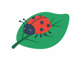 Fototapeta premium A cute cartoon ladybug with black spots resting on a vibrant green leaf.