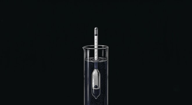 Scratchboard engraving style antique glass hydrometer on solid black background