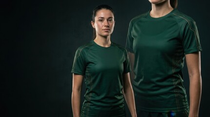 Fototapeta premium Two women in green sports uniforms standing against a dark background.