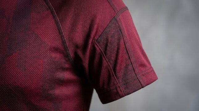Close up of a red plaid shirt sleeve showing texture and stitching detail.