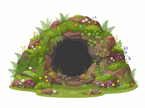 A whimsical mossy stone cave entrance surrounded by lush ferns and colorful wildflowers.