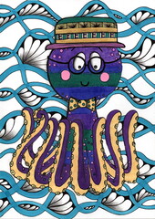 Whimsical mixed-media hand-drawn illustration featuring an adorable cartoon octopus dressed as an intellectual gentleman in round retro spectacles, a decorative straw boater hat. © Tetiana