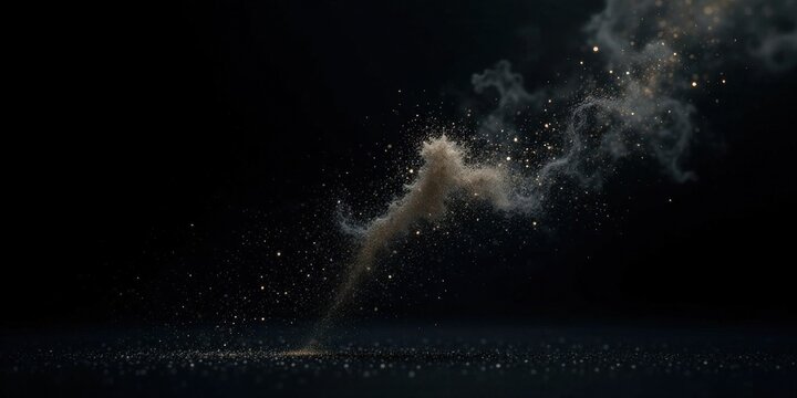 Abstract Dust Cloud Rising  A Fine Powder Explodes in a Dark Setting, Creating a Dramatic and Textured Image with Glowing Particles