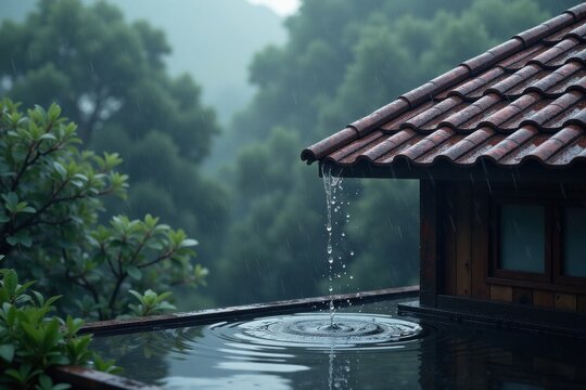 Rainwater dripping from a rustic roof into a tranquil pond during a summer shower, creating concentric ripples on the water's surface.