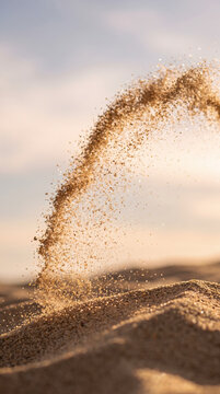 Golden sand sprays upward in a soft arc against a pastel morning beach sky