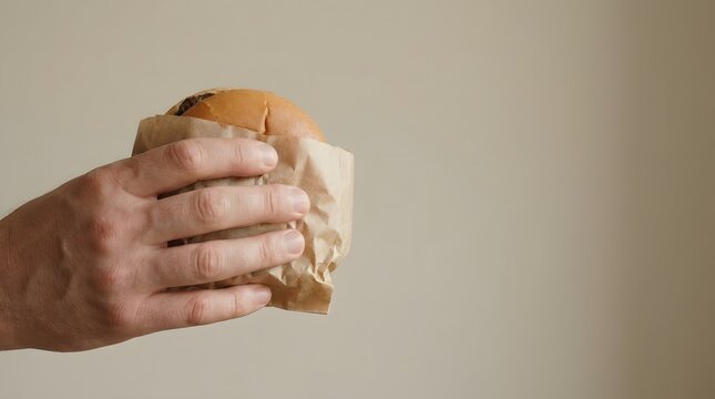 Close up of a hand holding a freshly cooked beef burger wrapped in parchment paper studio shot