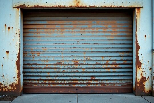 Rustic Weathered Steel Roll-Up Door with Extensive Rust and Patina Showing Signs of Age and Decay