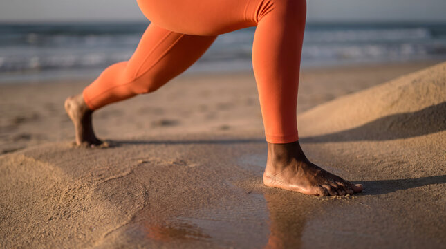 Close detail of bare feet walking along the wet sand at the ocean shoreline