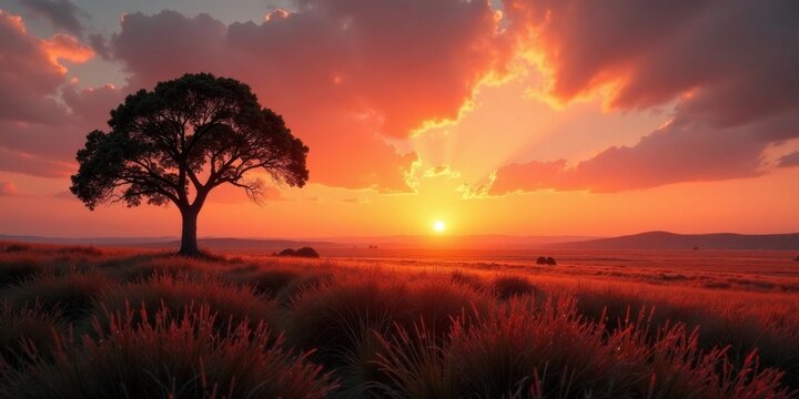 Serene Sunset Landscape A Solitary Tree Silhouetted Against a Fiery Sky and Vibrant Grassland