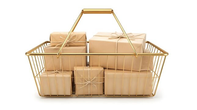 Wire shopping basket filled with craft paper parcel gifts for Black Friday deals