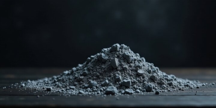 A Dark Gray Powder Pile on a Rustic Wooden Surface, Capturing the Texture and Subtle Shadows of a Fine Granular Material